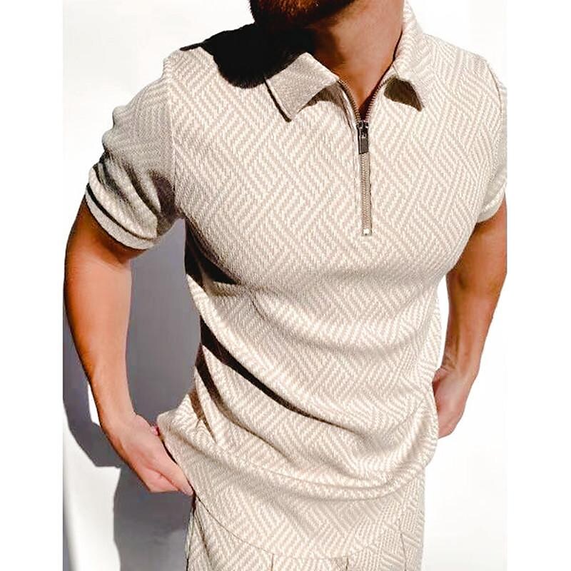 Men's Texture Print Zip Short Sleeve Polo T-Shirt