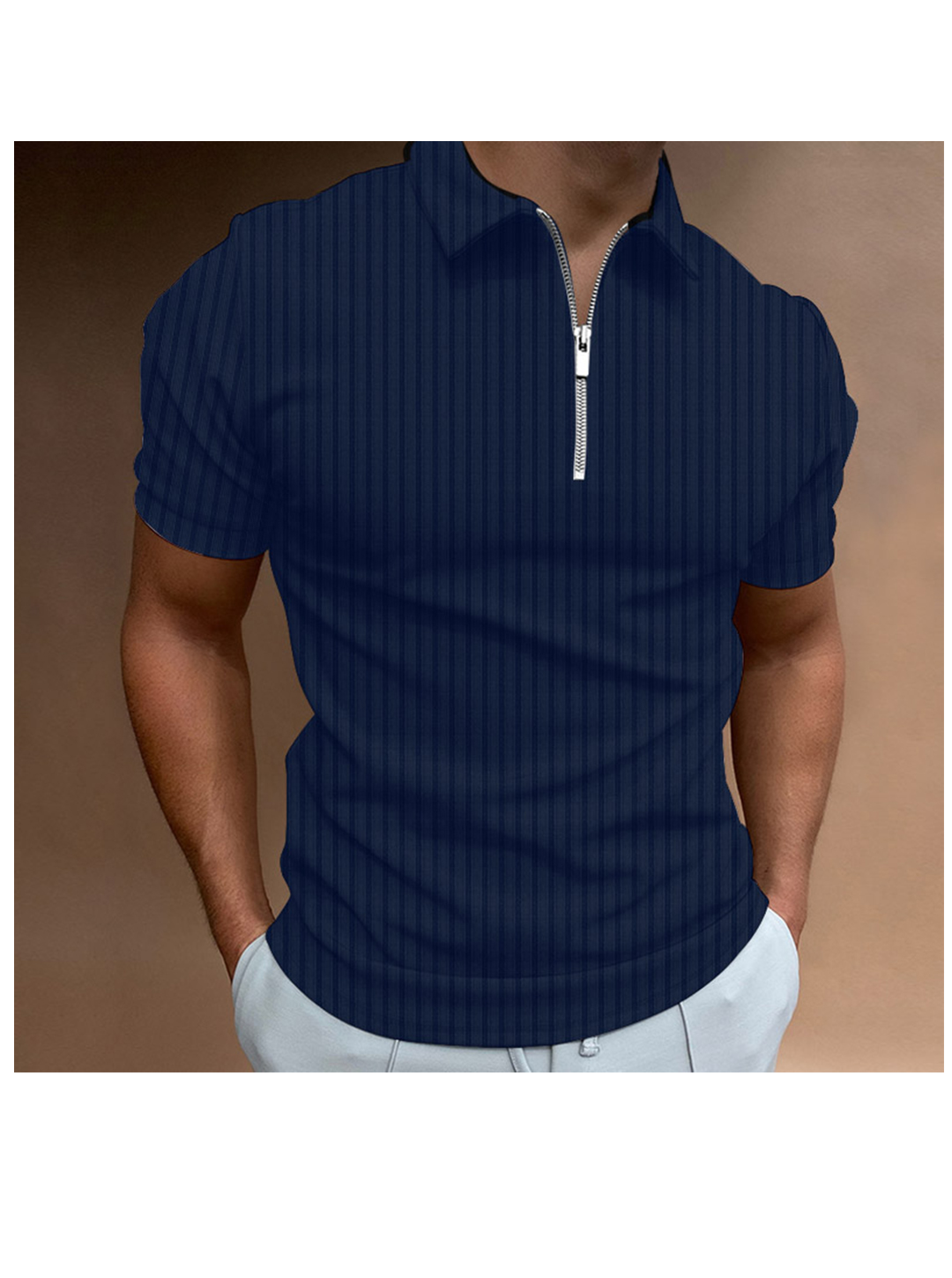 Earl 3D Print Striped Solid Color Zipper Short Sleeve Slim Polo T-shirt