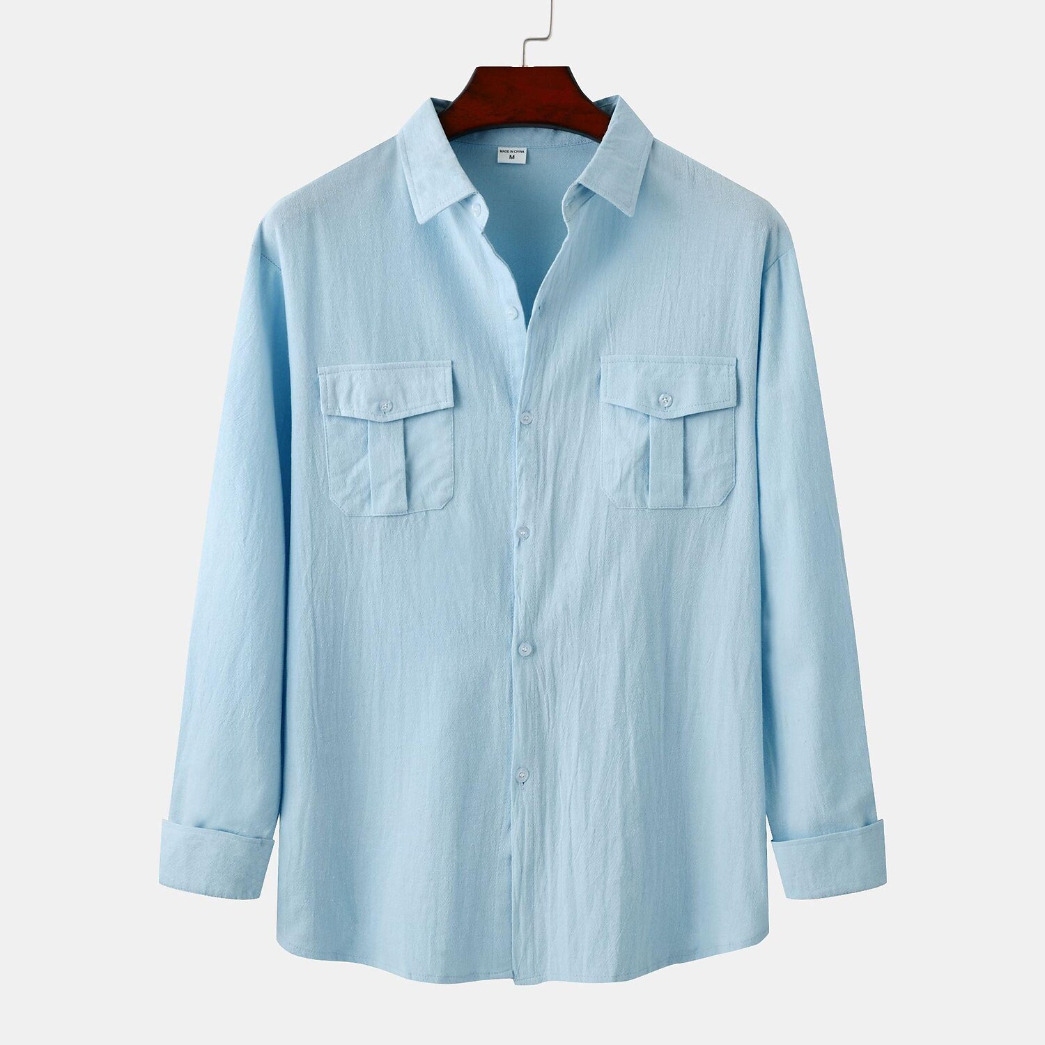 Rogoman Men's Double Pocket Cotton and Linen Solid Color Long Sleeve Shirt