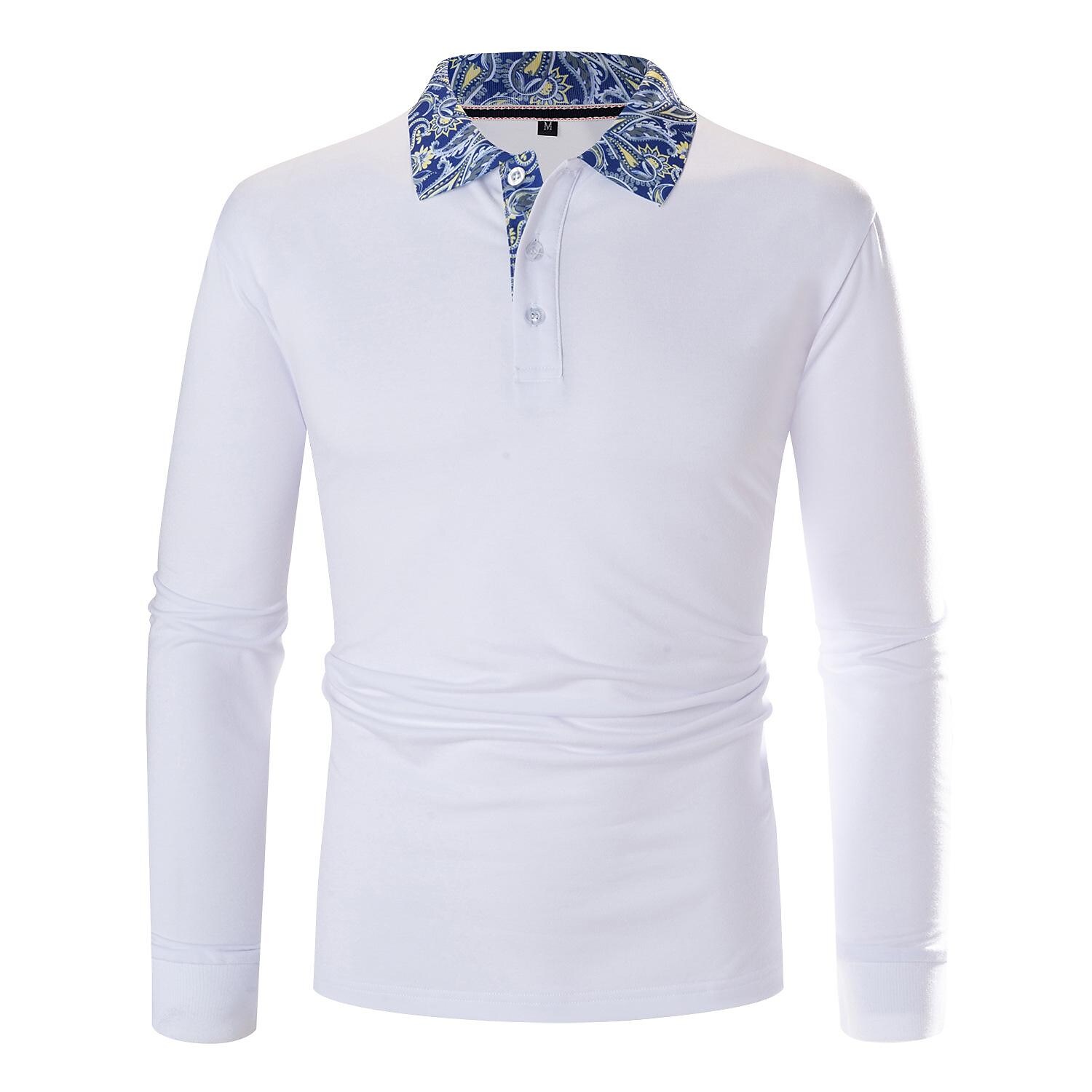 Rogoman Men's Contrast Collar Long Sleeve Polo T-Shirt 