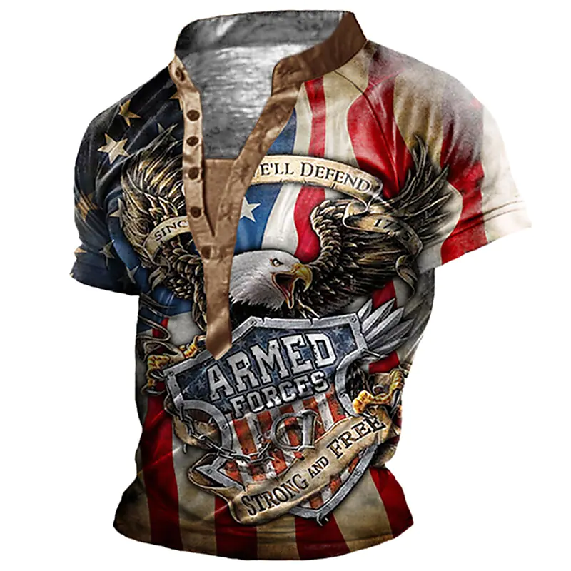 Men's 3D Print Eagle National Flag Henley Shirt T-shirt