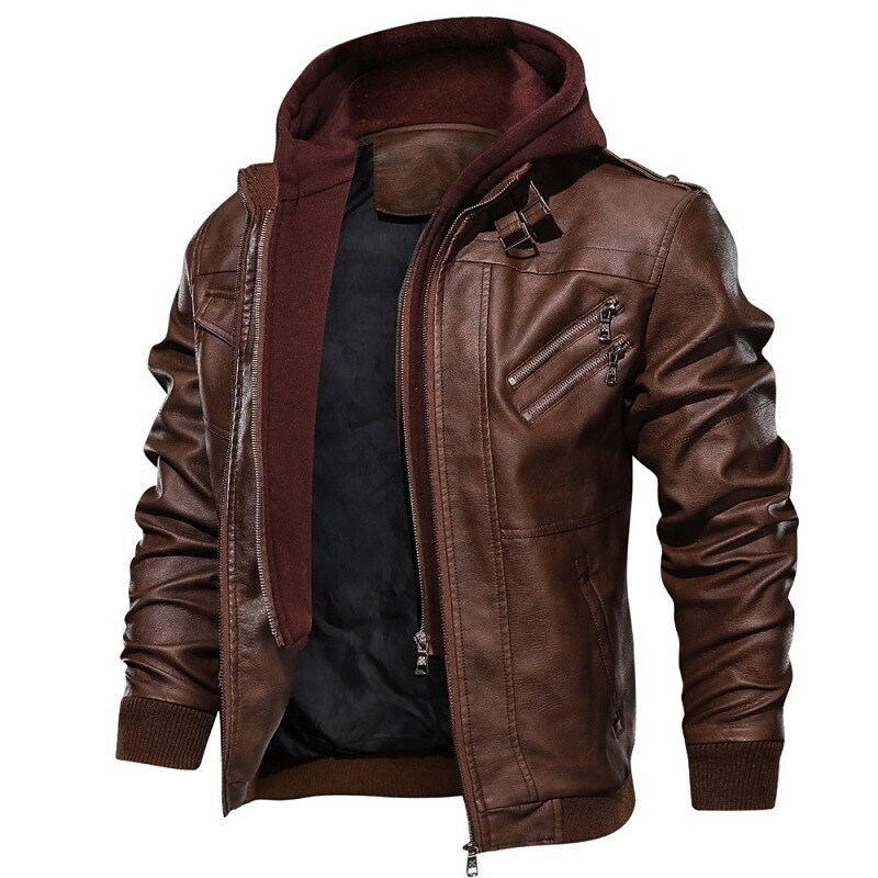 Rogoman Men's Faux Leather Outdoor Waterproof Solid Color Fake Two Piece Hooded Jacket