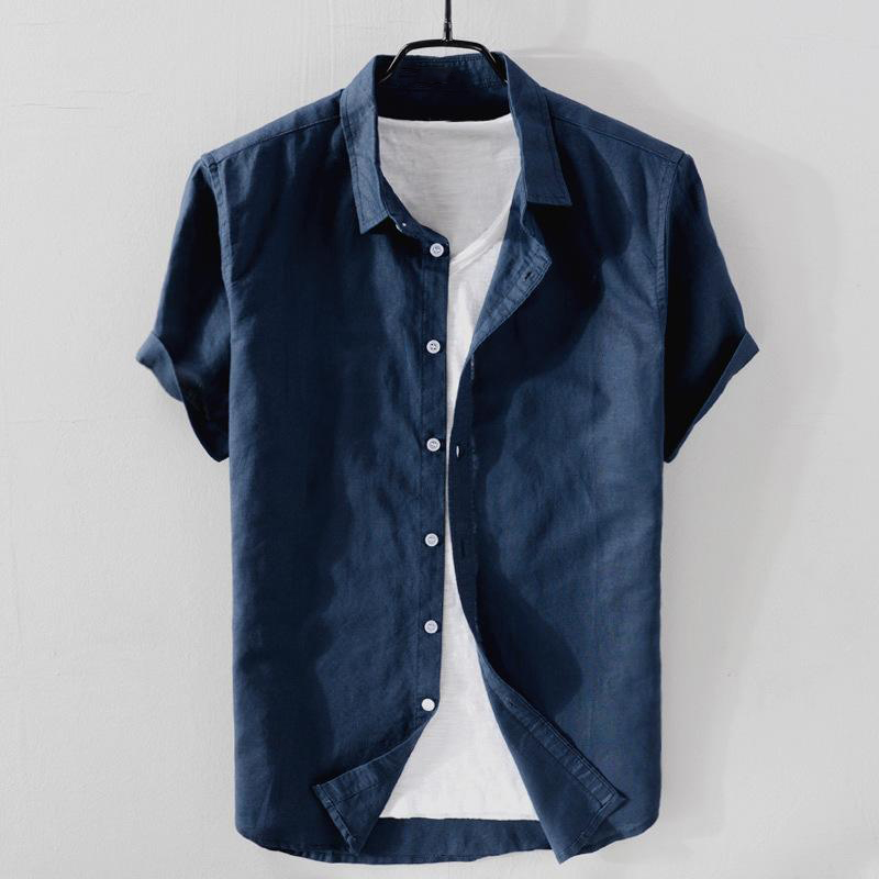 Men's Solid Color Cotton And Linen Short-sleeved Shirt