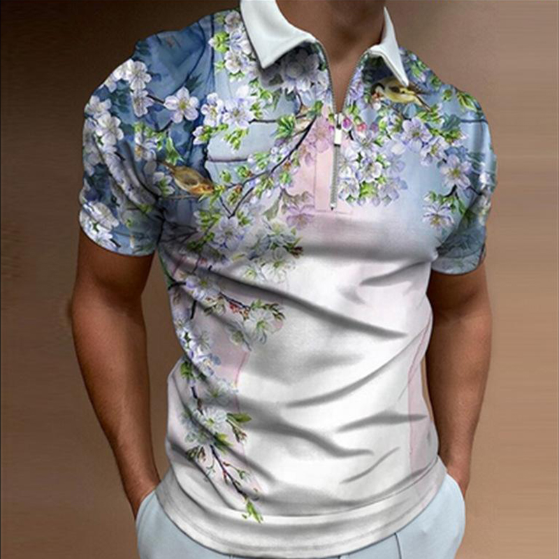 Men's Zip Floral Print Polo T-Shirt White