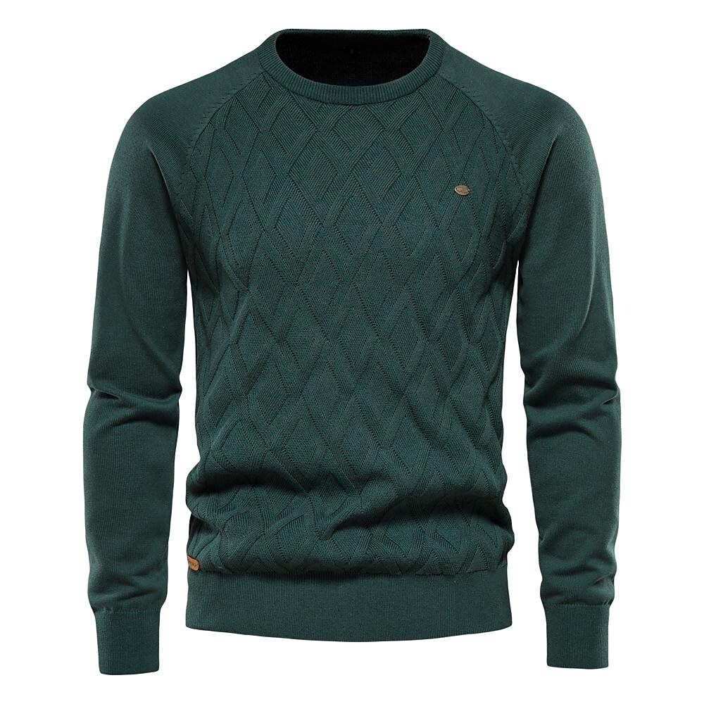 Rogoman Men's High Quality Solid Color Cotton Pullover Diamond Check Jacquard Sweater