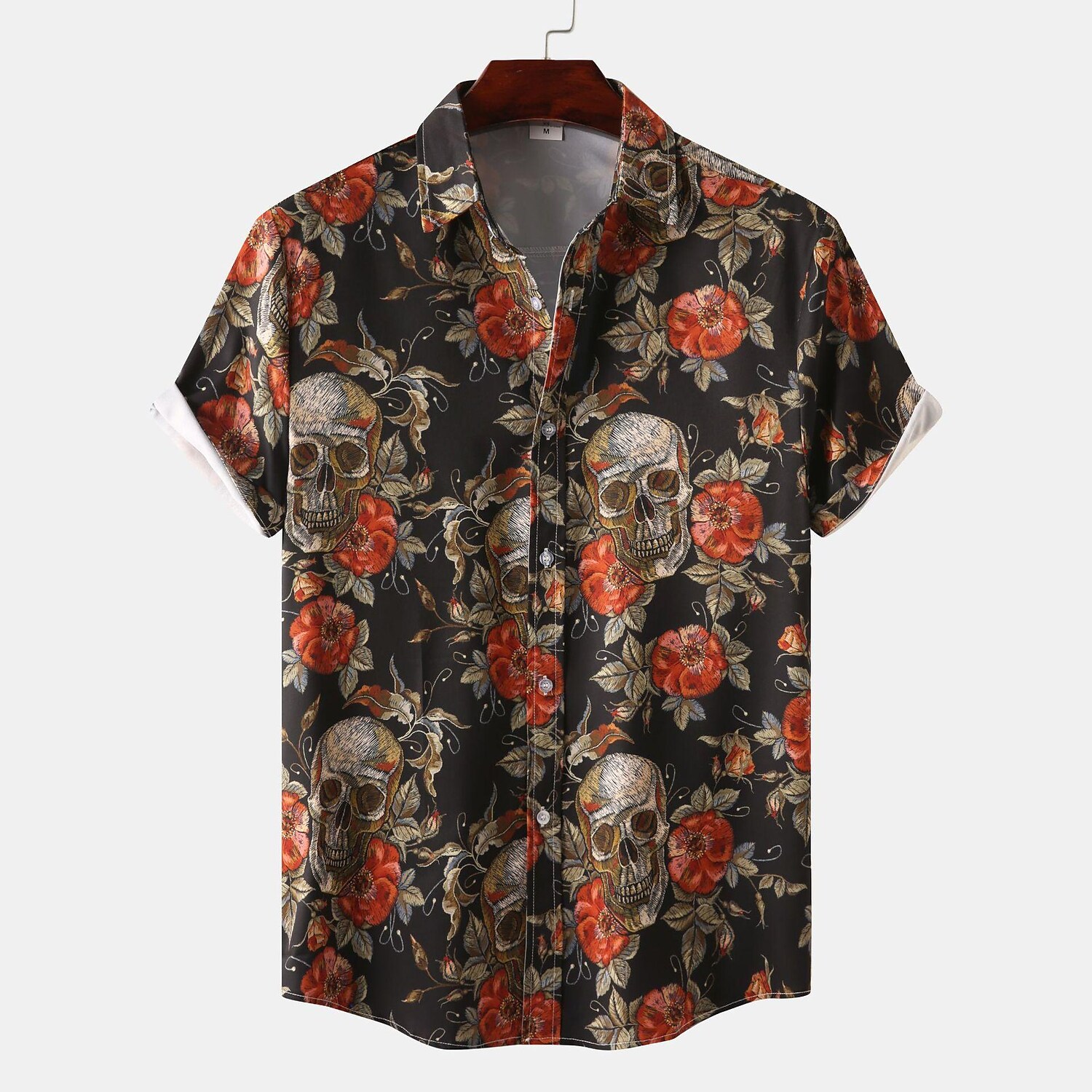 Men's Floral And Skull Print Short Sleeve Shirt