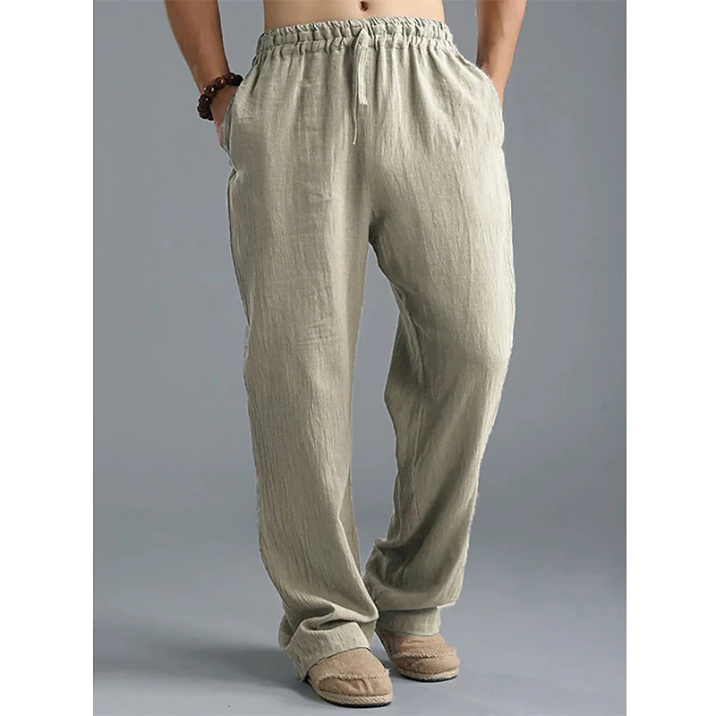Men's Solid Color Breathable Cotton Linen Drawstring Comfortable Loose Casual Pants