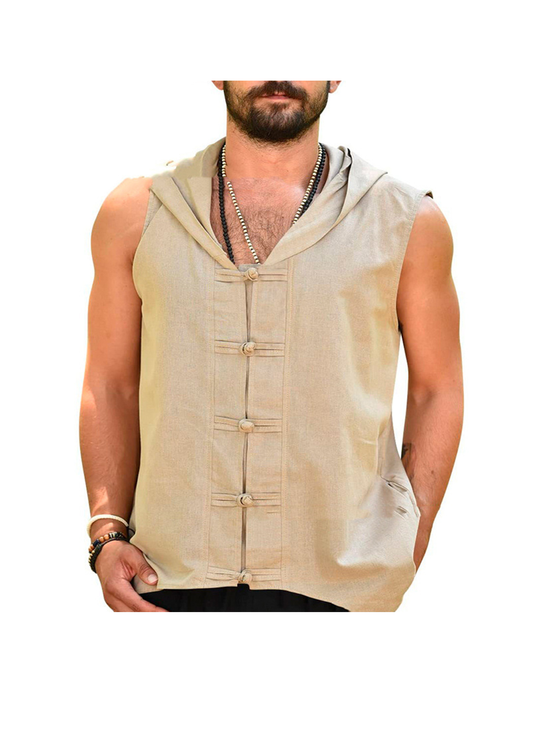 Anthony Solid Button Casual Hooded Tank Top