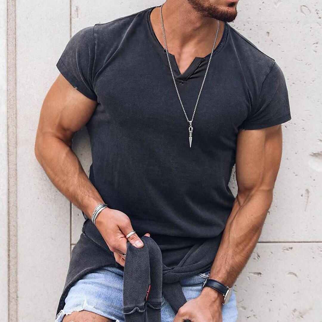 Men's Solid Color Notch Neck Short Sleeve T-shirt 