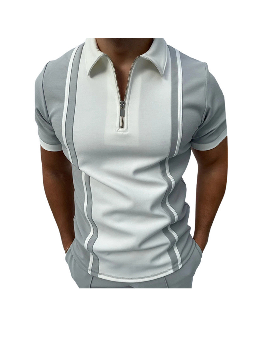Miller 3D Print Striped Casual Zipper Short Sleeve Polo T-shirt