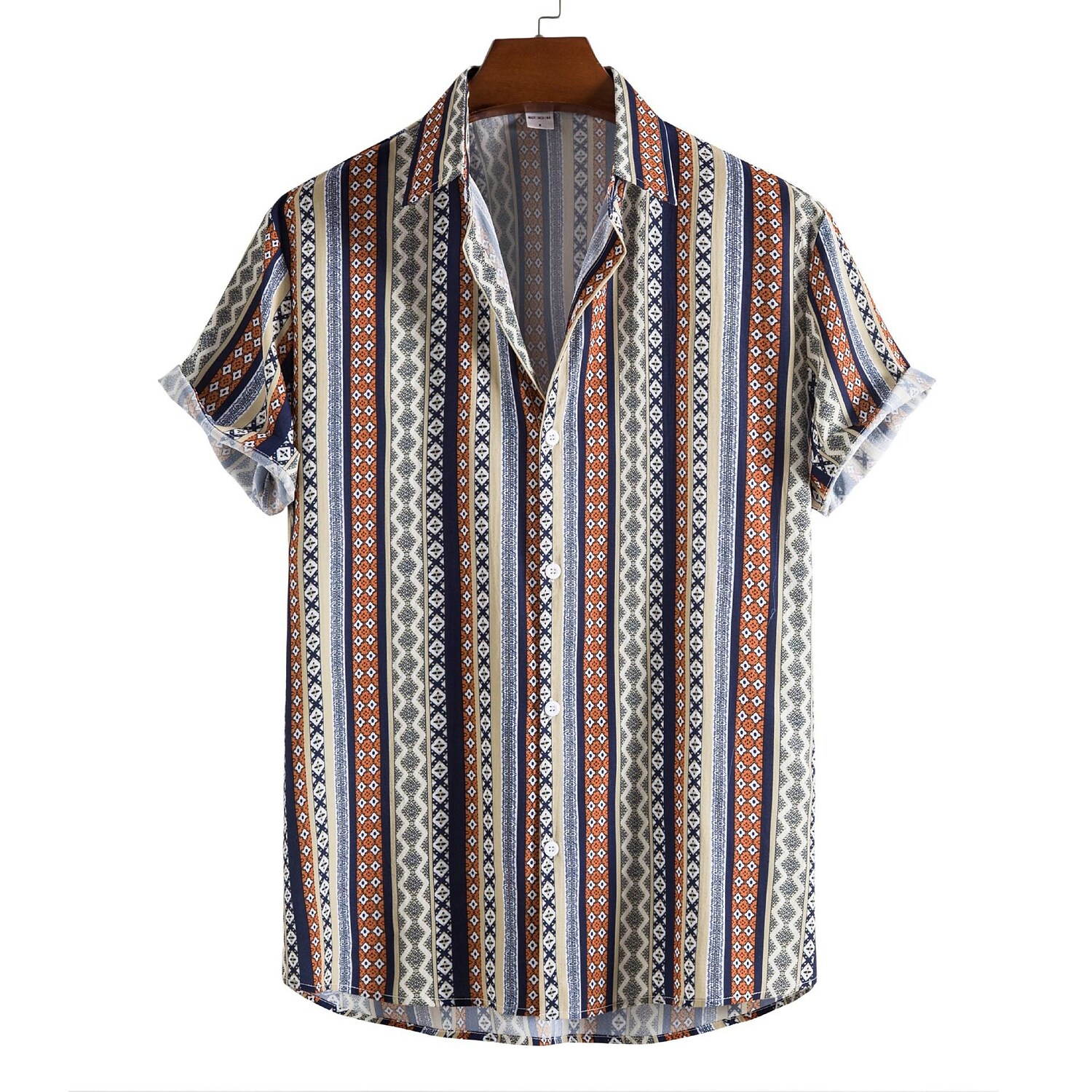 Men's Print Striped Button-Down Short Sleeve Shirt 