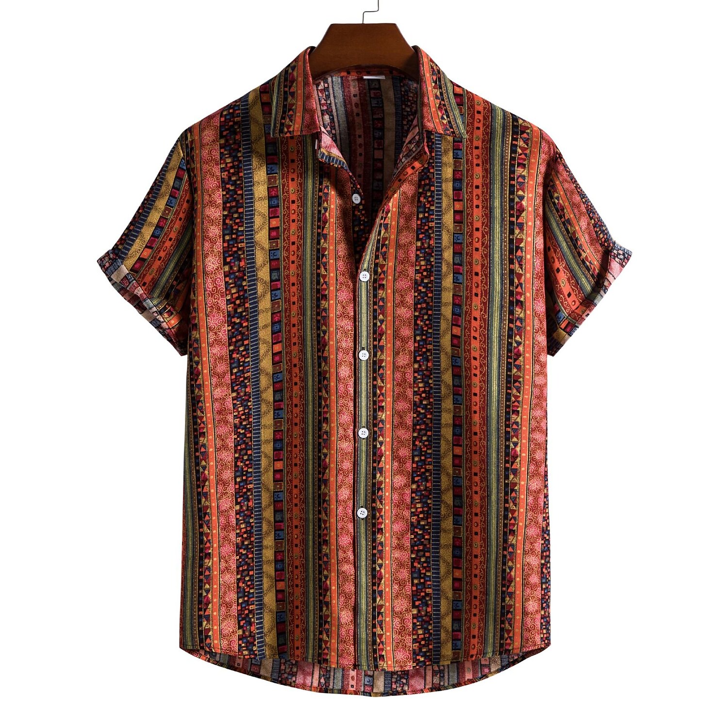 Men's Cotton Linen Vintage Ethnic Print Short Sleeve Shirt