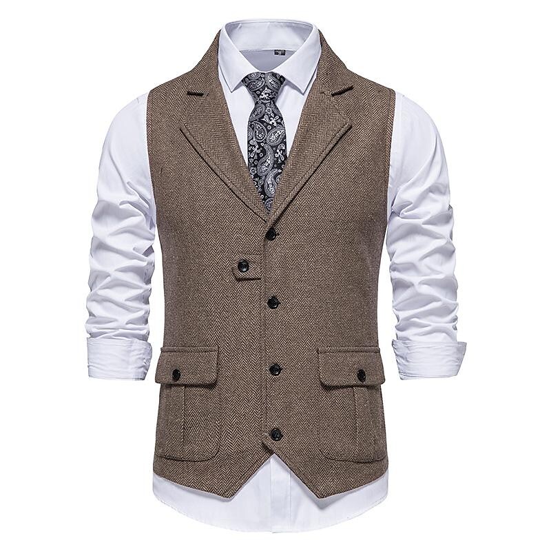 Rogoman Men's Vintage Lapel Herringbone Tweed Suit Vest