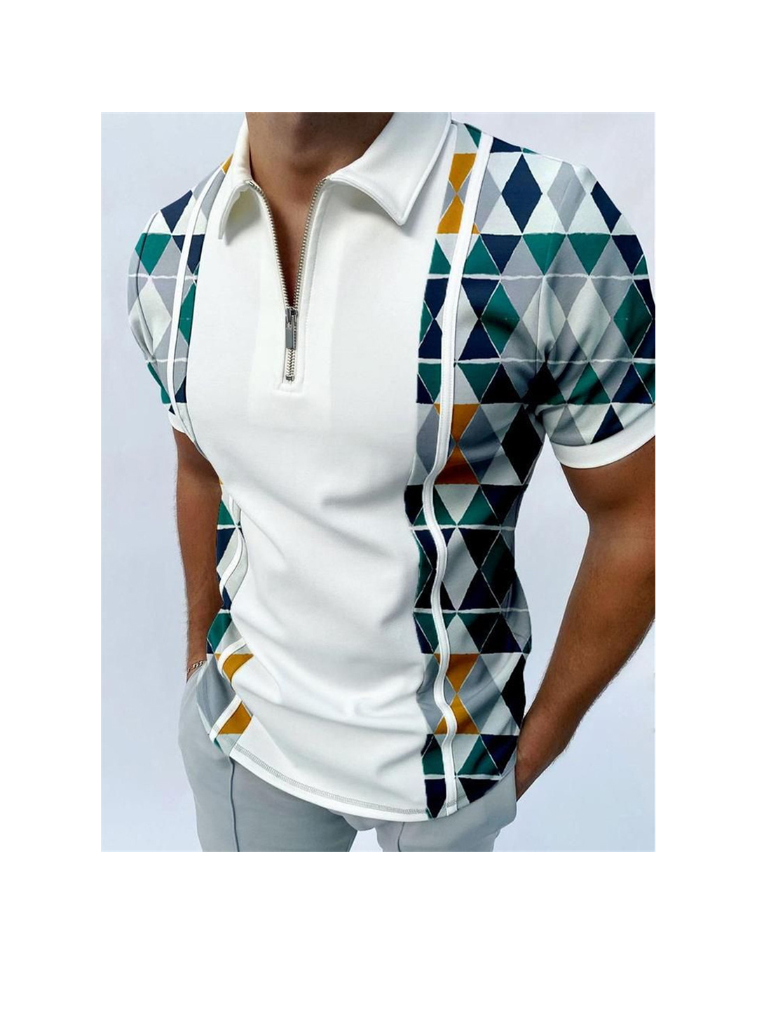 Douglas 3D Print Argyle Zipper Short Sleeve Polo T-shirt