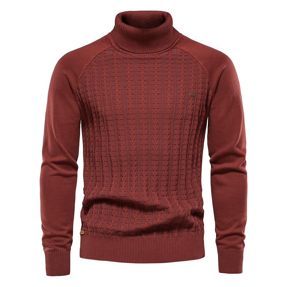 Rogoman Men's High-neck Pullover Solid Color Jacquard Sweater