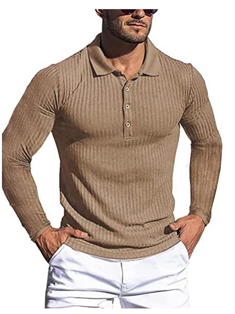 Rogoman Men's Ribbed Texture Solid Color Long Sleeve T-shirt Basic Casual Muscle Soft