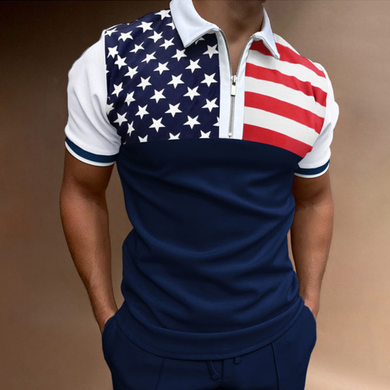Men's National Flag Casual Zipper Short Sleeve Polo T-shirt