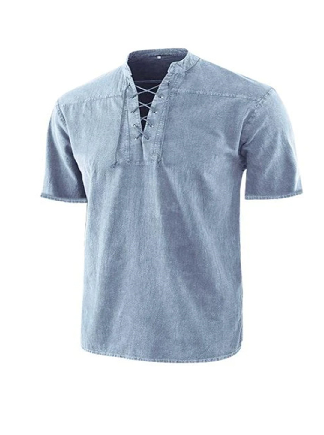 Arturo Solid Color Stand Collar Lace-up Detail Short Sleeve Shirt