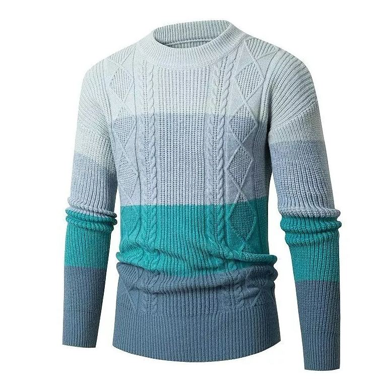 Rogoman Men's Trend Colorblock Cable Crew Neck Pullover Sweater
