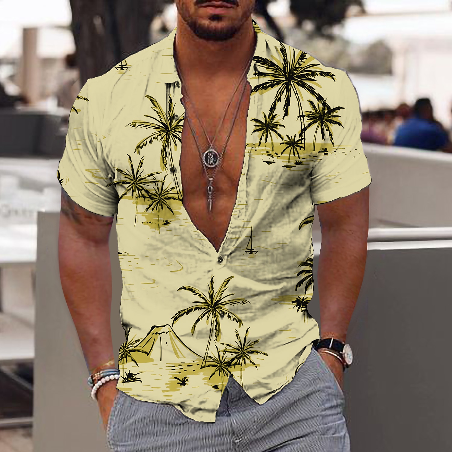 Rogoman Men's Hawaiian Coconut Tree Short Sleeve Shirt