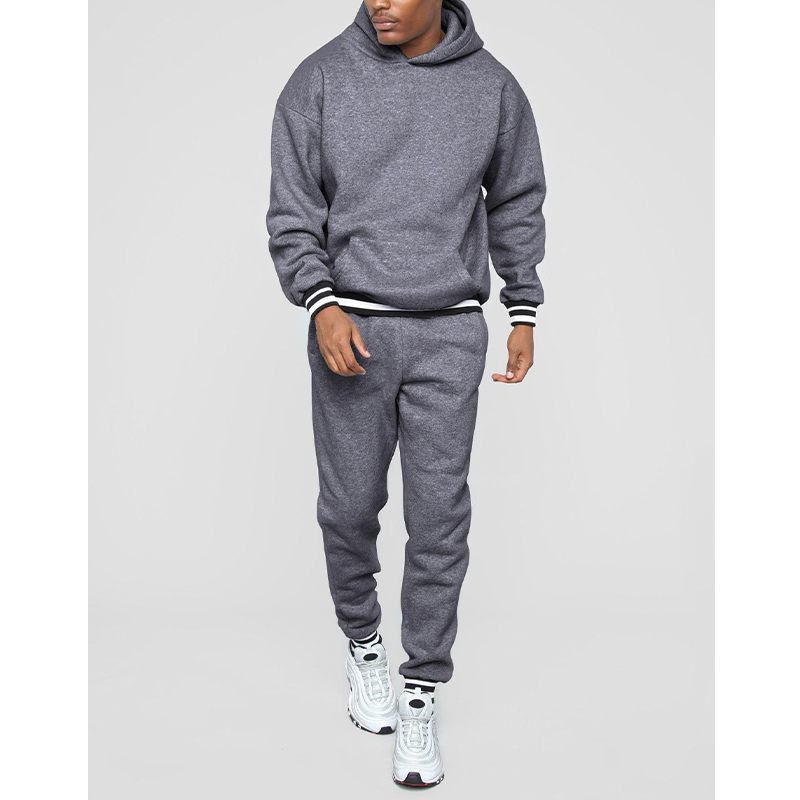Men's Solid Color Contrast Rib Panel Hoodie Two-Piece Set