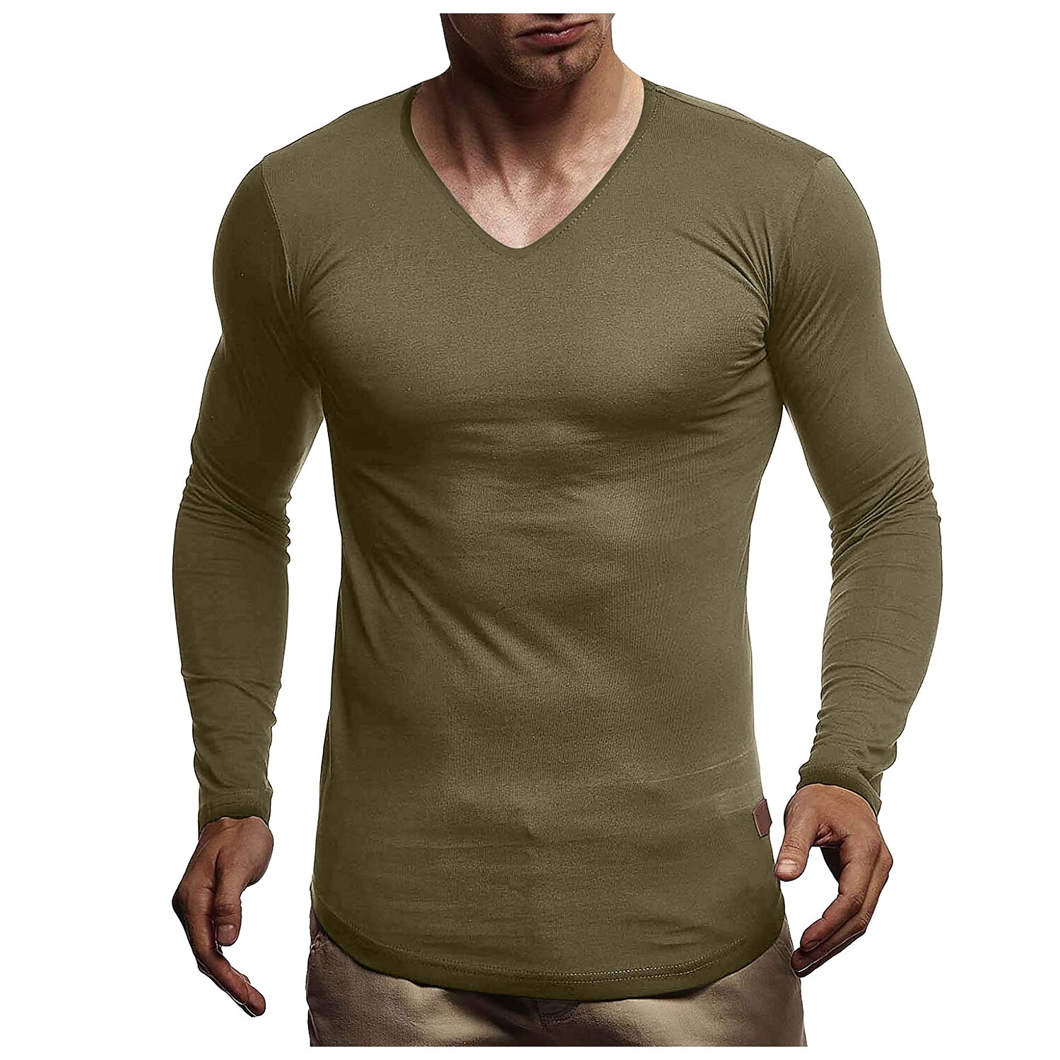 Men's Solid Color Round Neck And V-neck Long-sleeved T-shirt