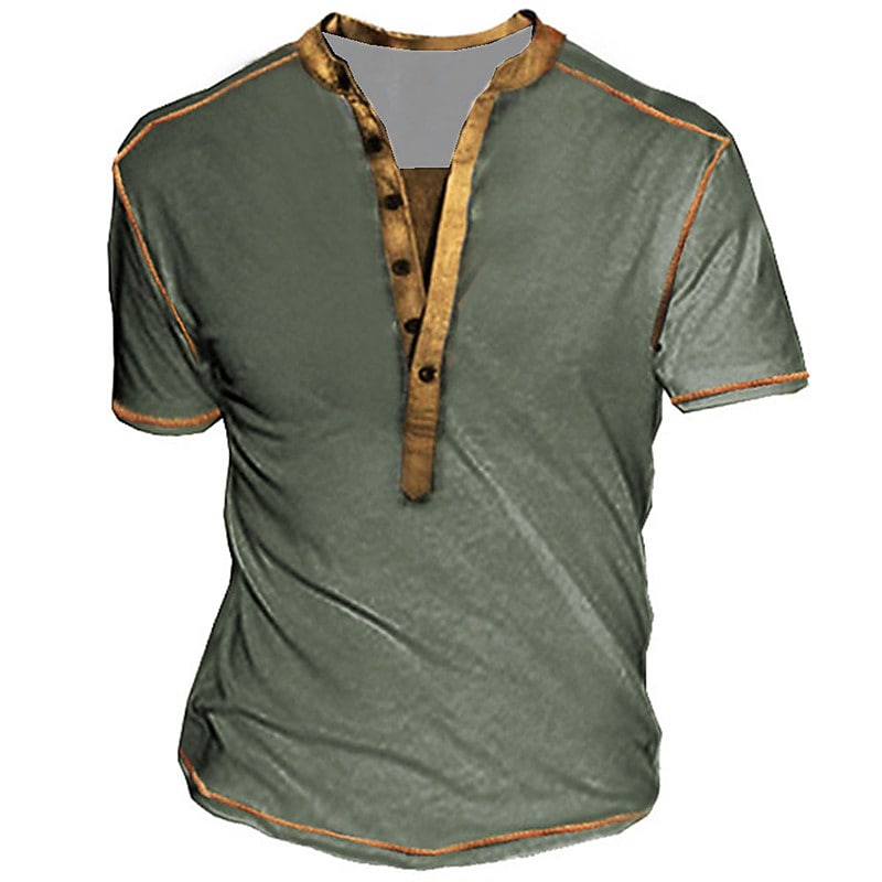 Men's Solid Color Plus Size Button-Down Short Sleeve Henley T-shirt