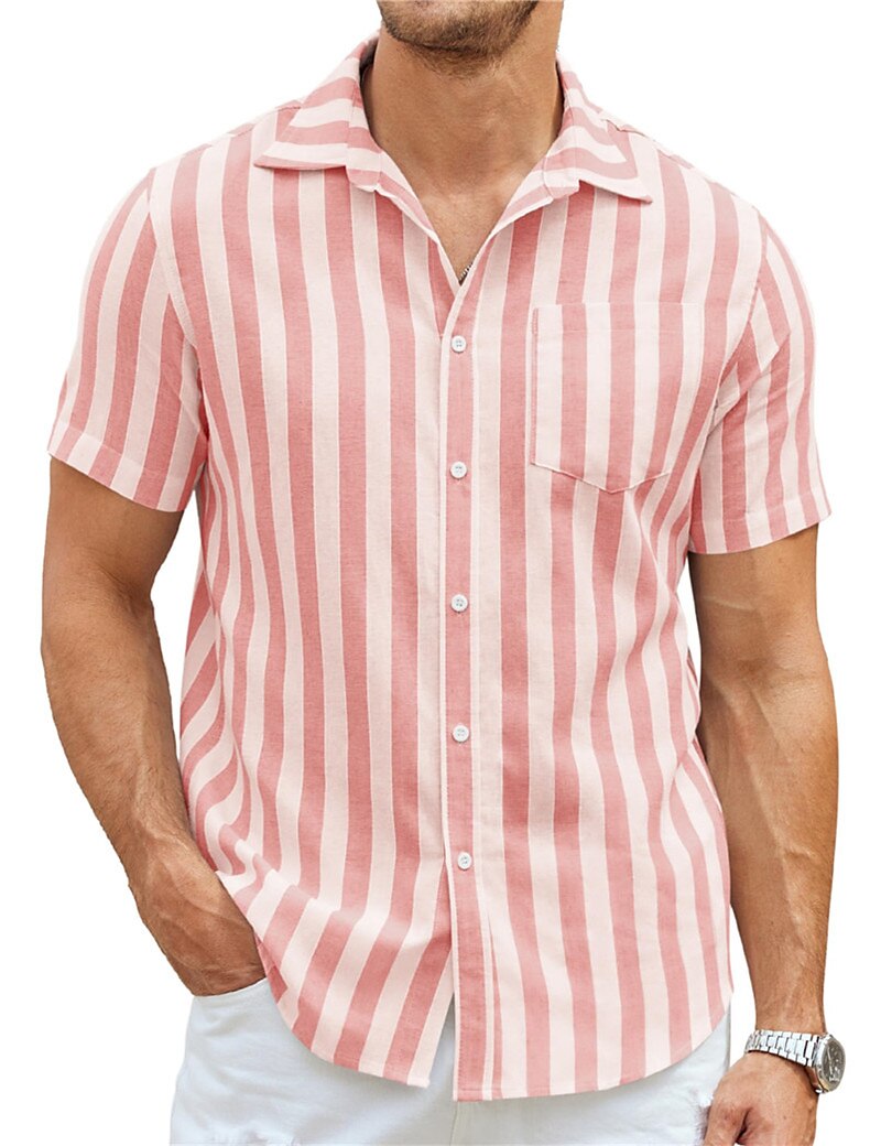 Men's Button Up Casual Summer Beach Short Sleeve Stripes Lapel  Front Pocket Shirt