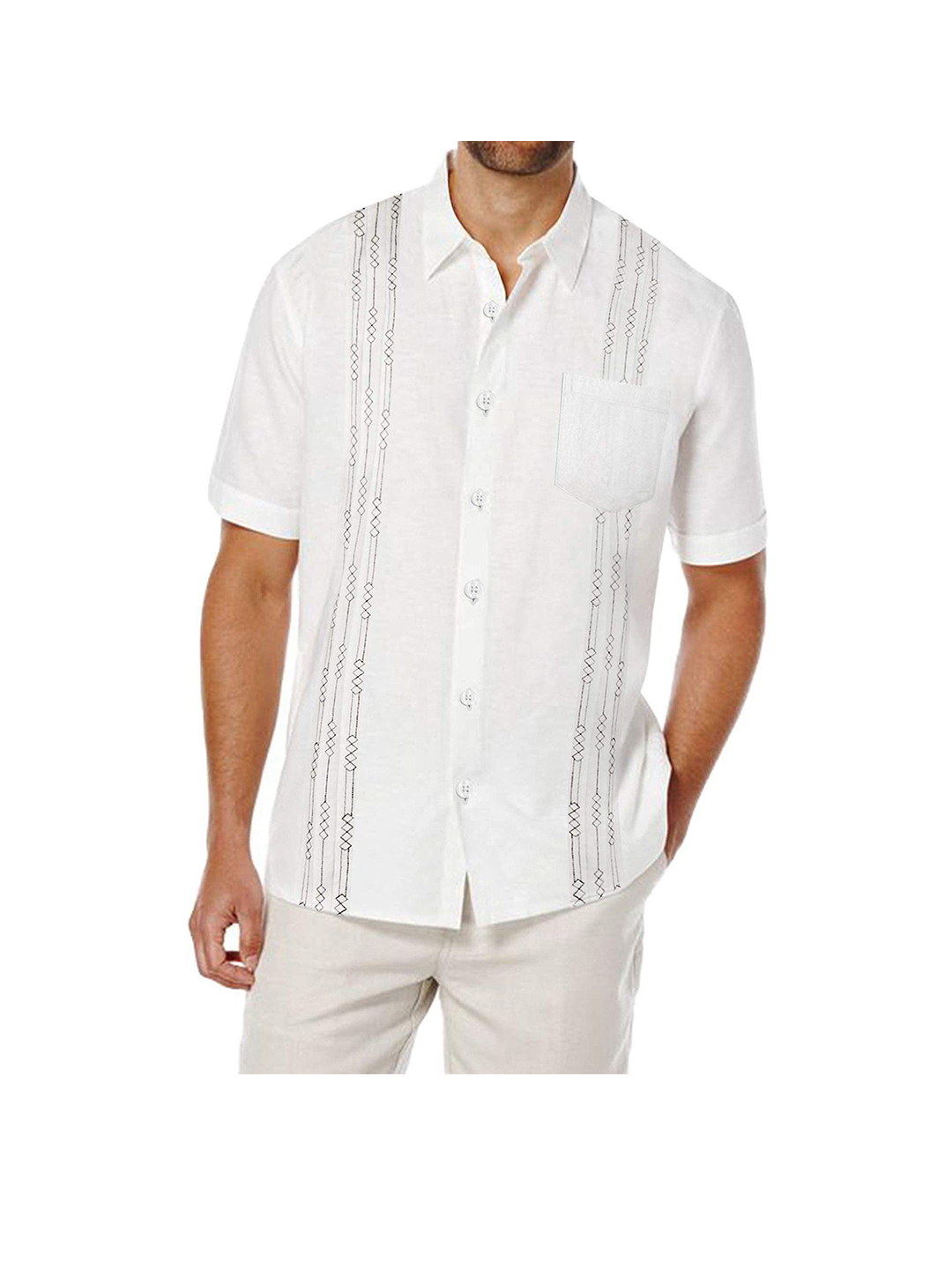 Glen FeuxLinen Stripe Embroidered Short Sleeve Shirt