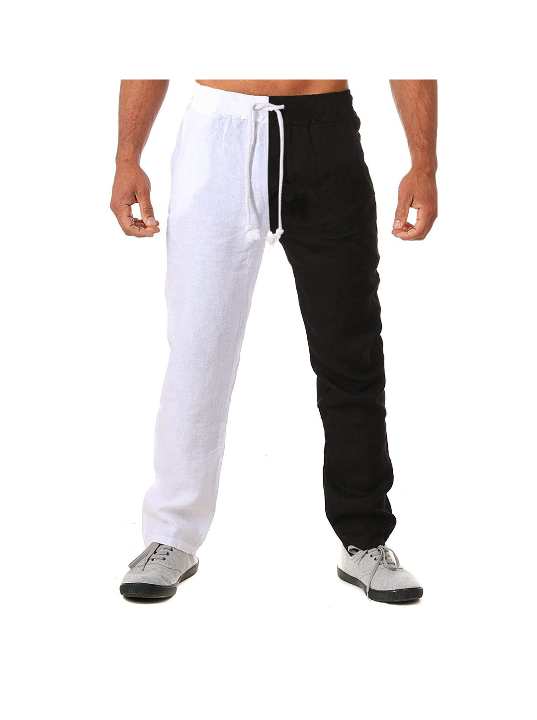 Poisonstreetwear Men's Half And Half Color-block Faux Linen Pants-poisonstreetwear.com