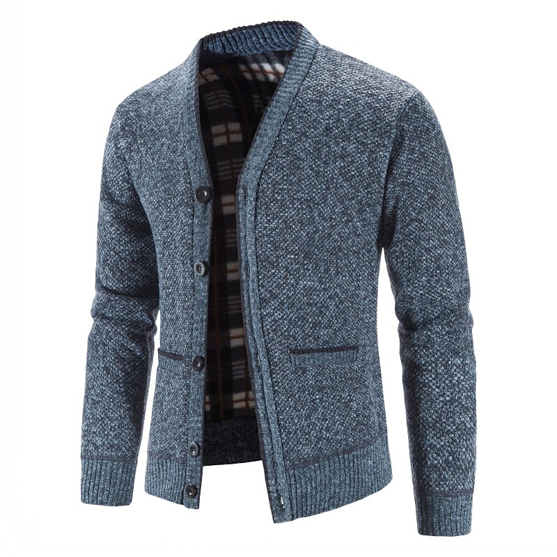 Rogoman Men's Knitted V-Neck Button Down Cardigan Sweater With Flannel Lining And Pockets