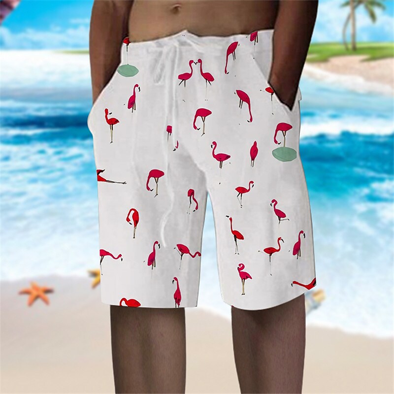 Rogoman Men's Flamingo Print Elastic Waist Beach Shorts