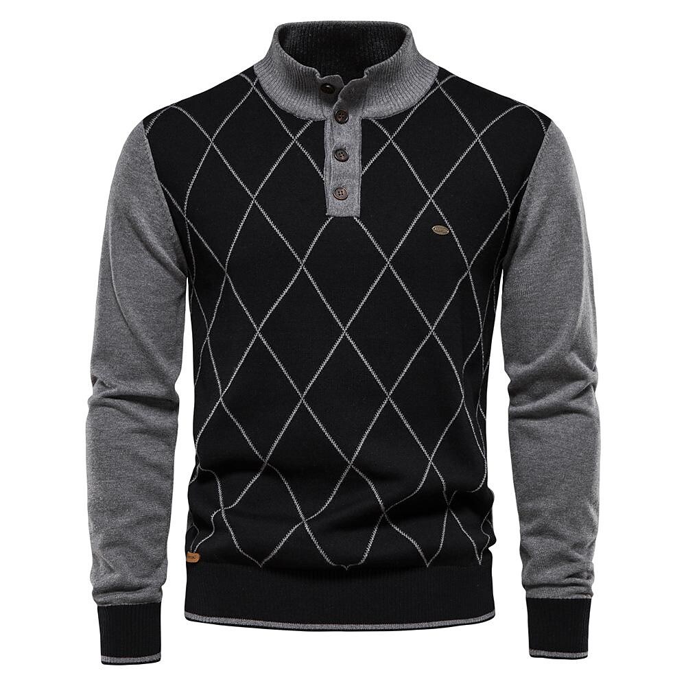 Rogoman Men's Pullover Half Placket Stand Collar Color Block Check Jacquard Sweater