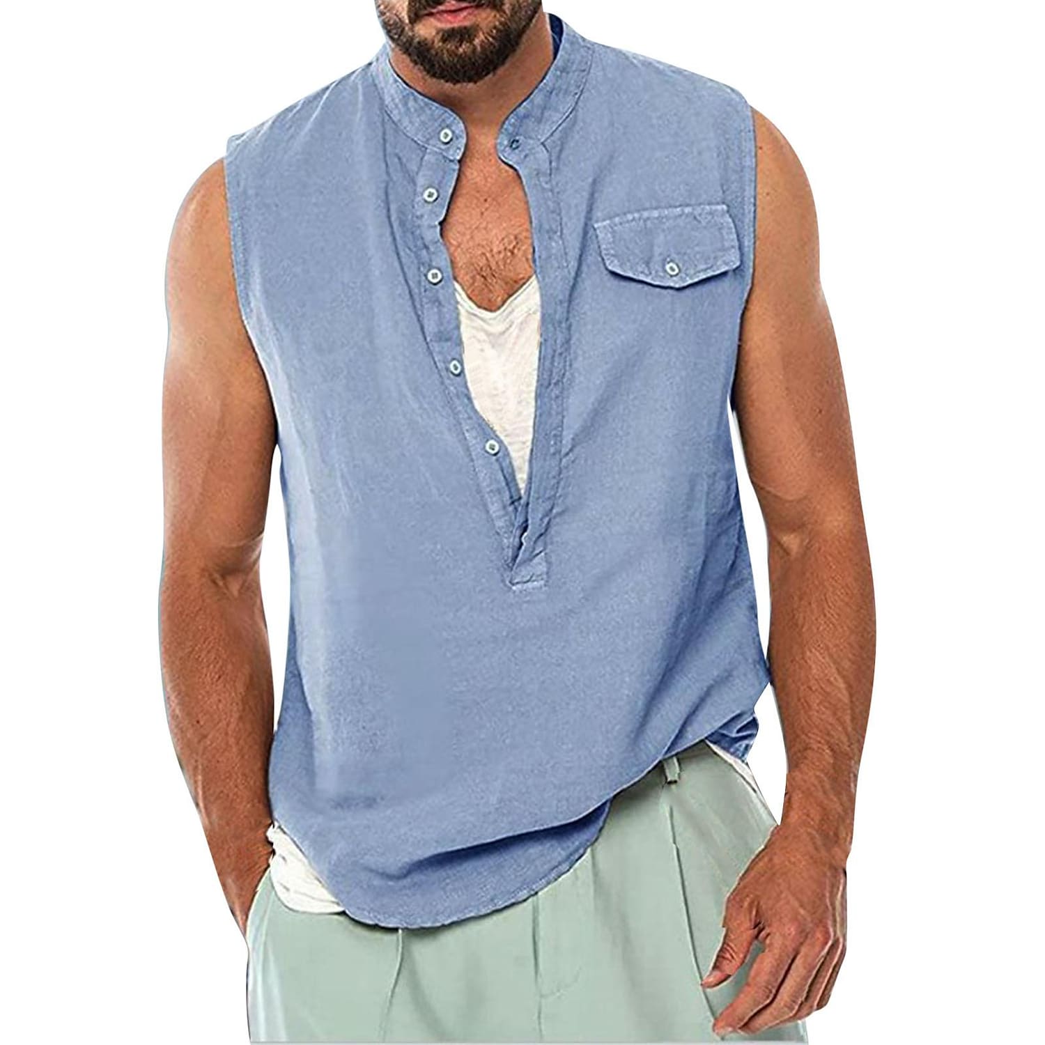 Men's Faux Linen Sleeveless Patch Pocket Vest