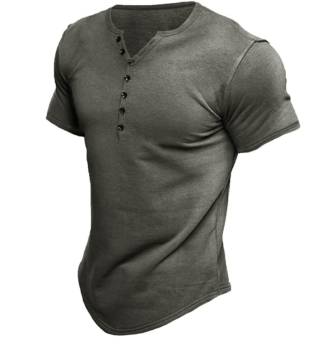 Rogoman Men's Henley Solid Color Casual Short Sleeve T-shirt Casual Vintage