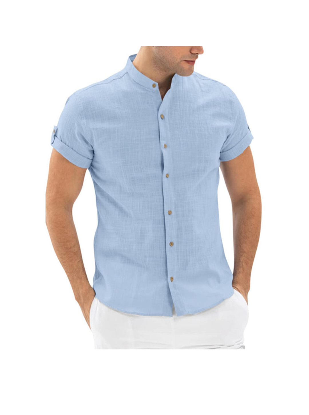 Faust Solid Color Stand Collar Short Sleeve Shirt