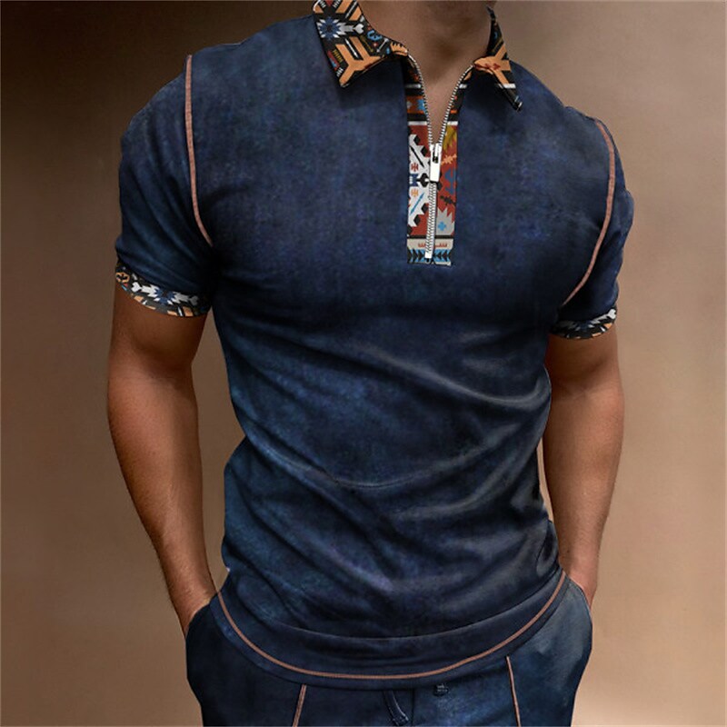 Men's Contrasting Collar Casual Zipper Short Sleeve Polo T-shirt