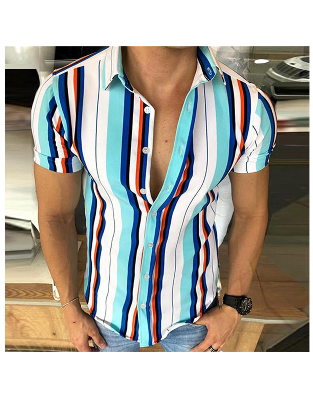 Travis Multicolor Striped Print Short Sleeve Shirt