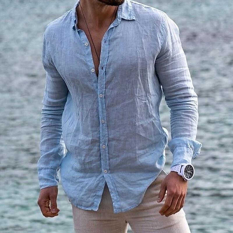 Rogoman Men's Solid Color Beach Shirt Long Sleeve Basic Casual 