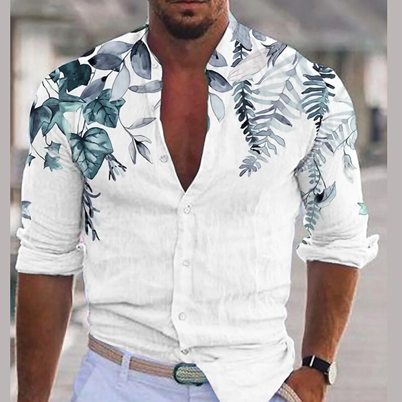 Rogoman Men's Linen Button Up Casual Summer Long-Sleeve Shirt
