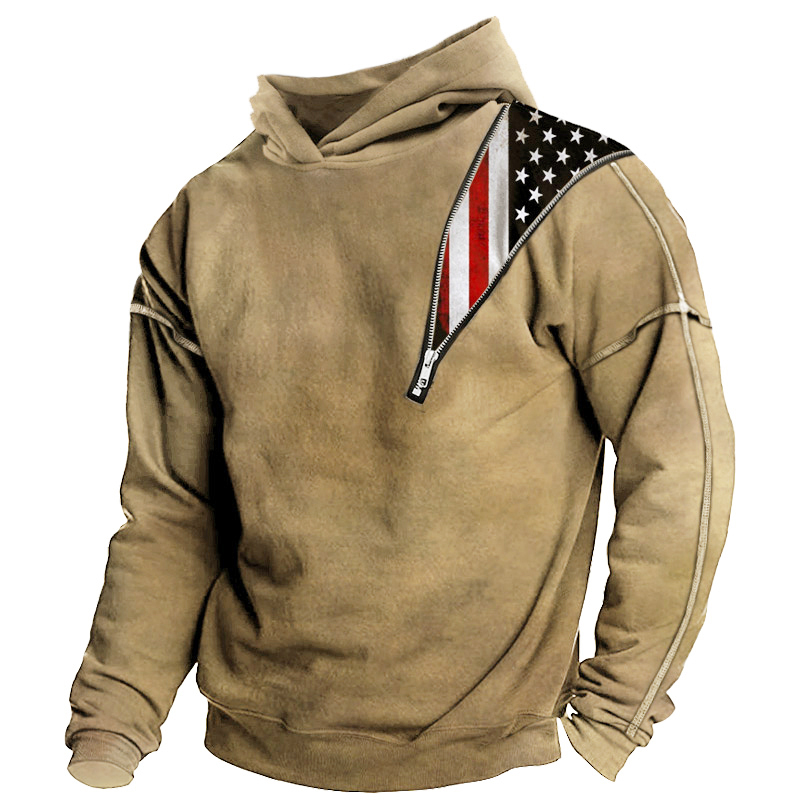 Rogoman Men's Pullover Hoodie Graphic American Flag Print Patchwork Casual Hoodies Sweatshirts