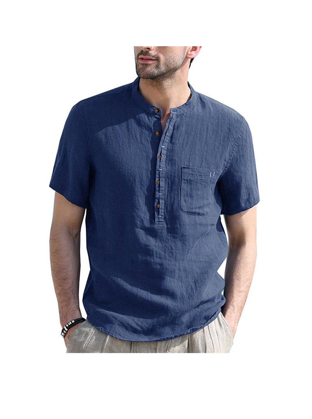 Patrick Henry Collar Solid Color Pocket Short-sleeved Shirt