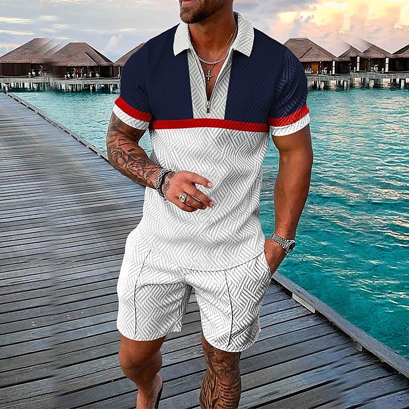 Men's 3D Print Zipper Casual Short Sleeve Polo Shirt Two-piece Set