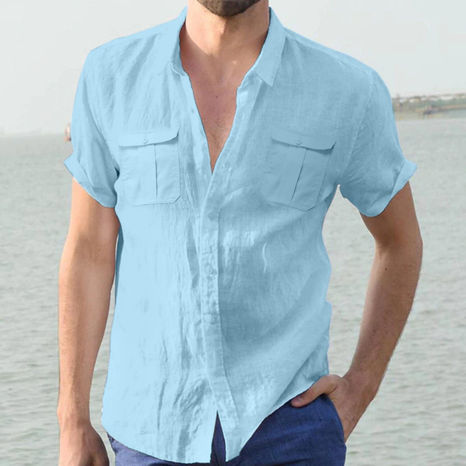 Mens Solid Color Faux Linen Double Pocket Short Sleeve Shirt 