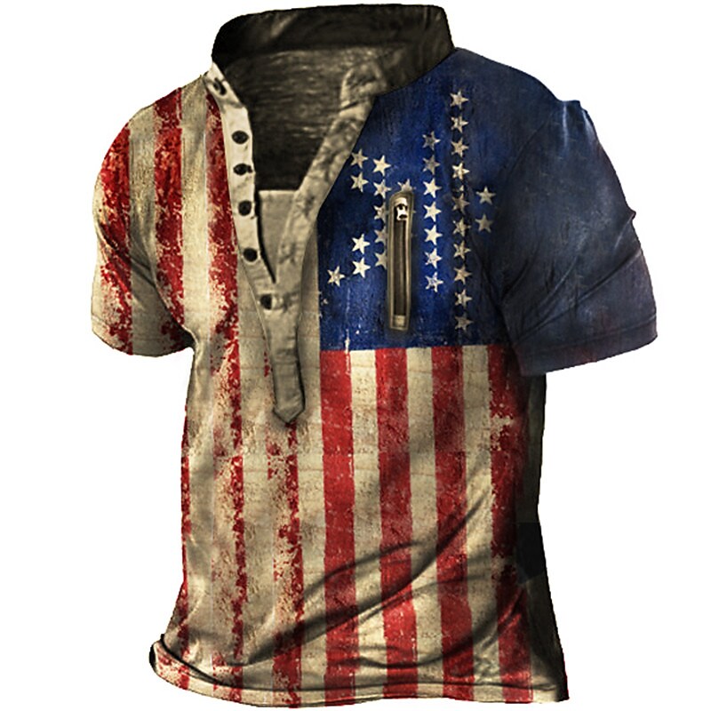 Men's 3D Print Graphic Patterned National Flag Stand Collar Button-Down T-shirt