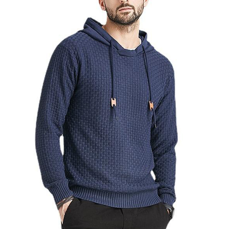 Rogoman Men's Pullover Jacquard Check Pattern Hooded Sweater Basic Vintage Style 