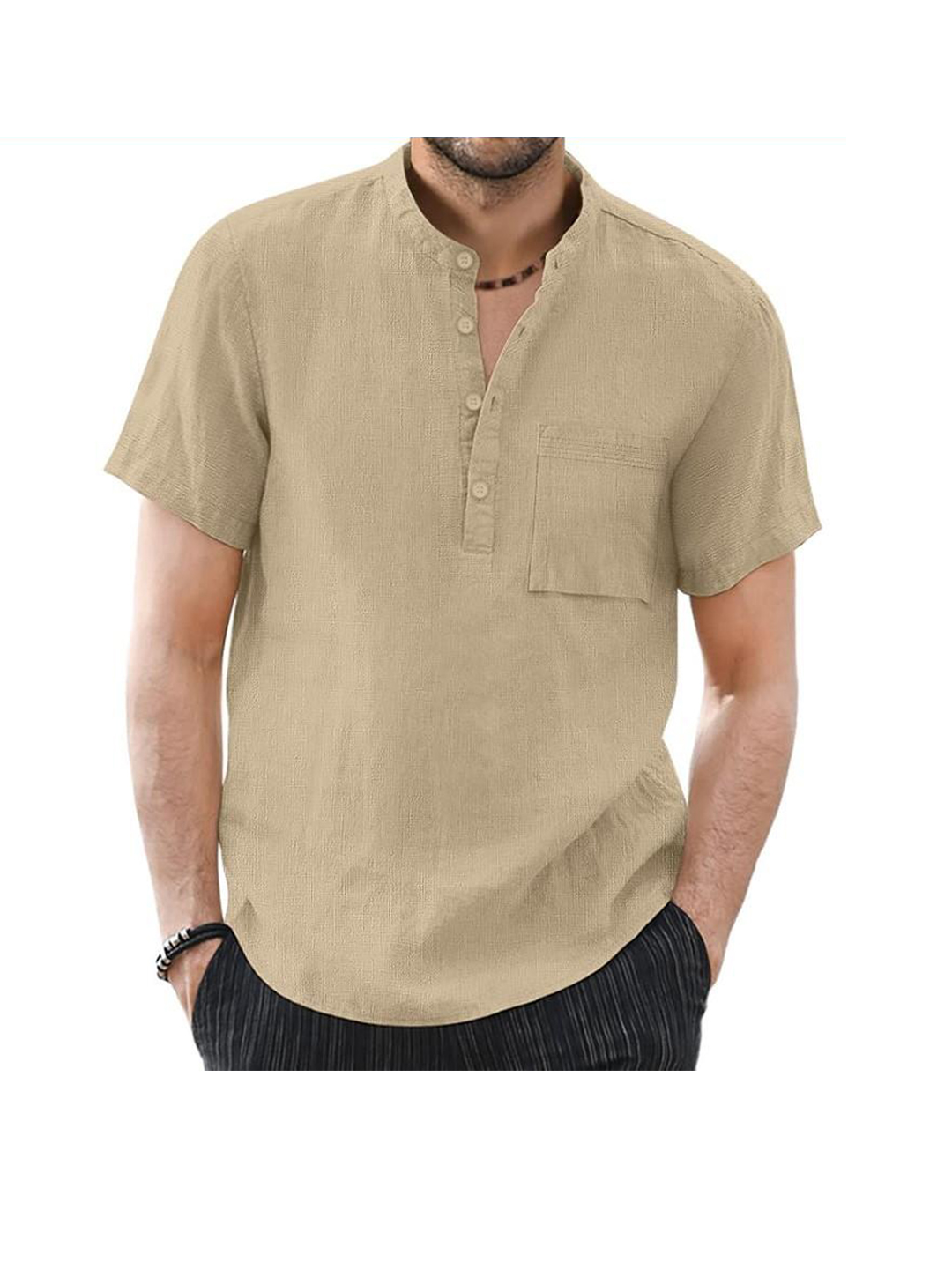 Larry Solid Color Stand Collar Half Placket Short-sleeved Shirt