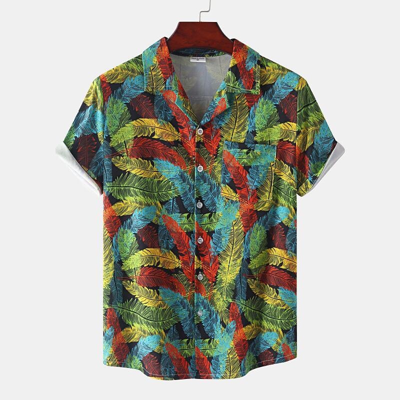 Men's Faux Cotton Linen Colorful Feather Print Short Sleeve Shirt