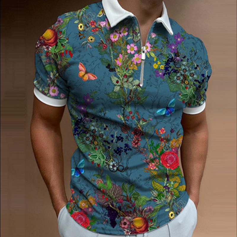 Men's Zip Floral Print Polo T-Shirt