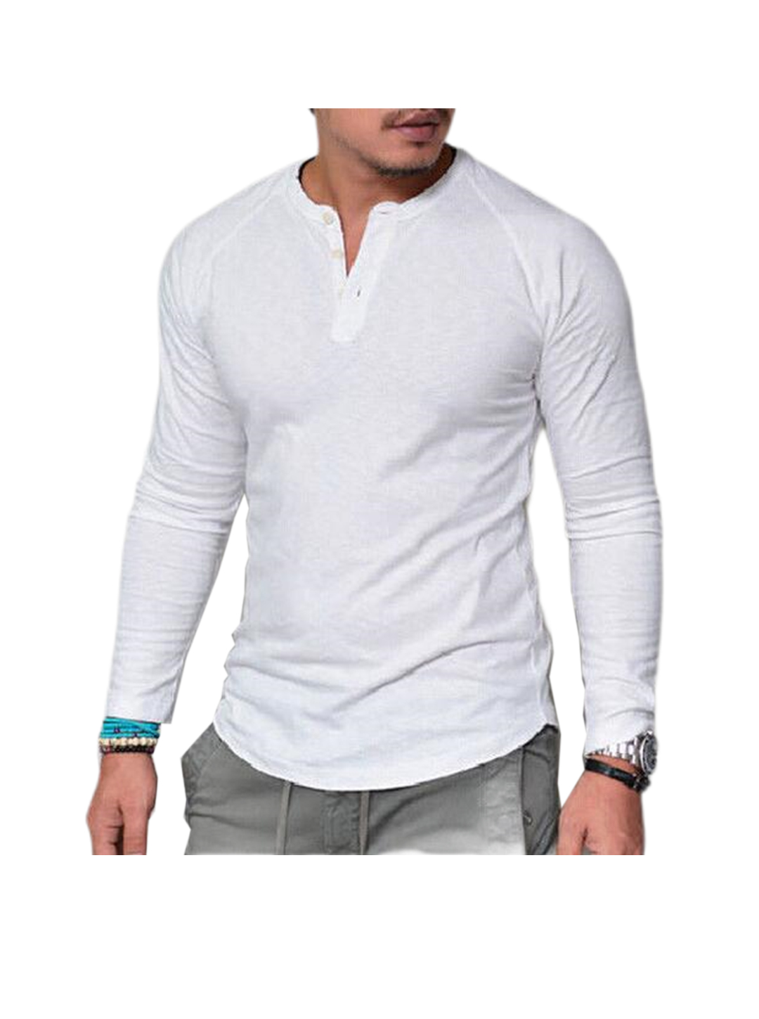 Rogers Solid Color Casual Henley  Long Sleeve T-shirt